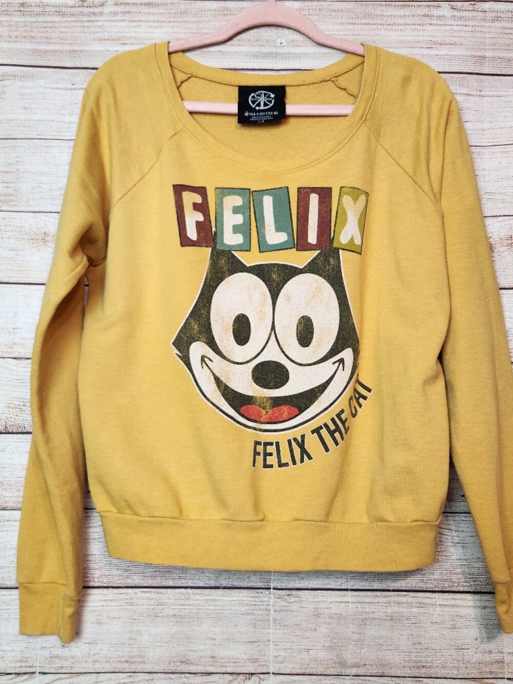 2011 Women's Recycled Karma FELIX THE CAT Sweatshirt Yellow Distressed Size L